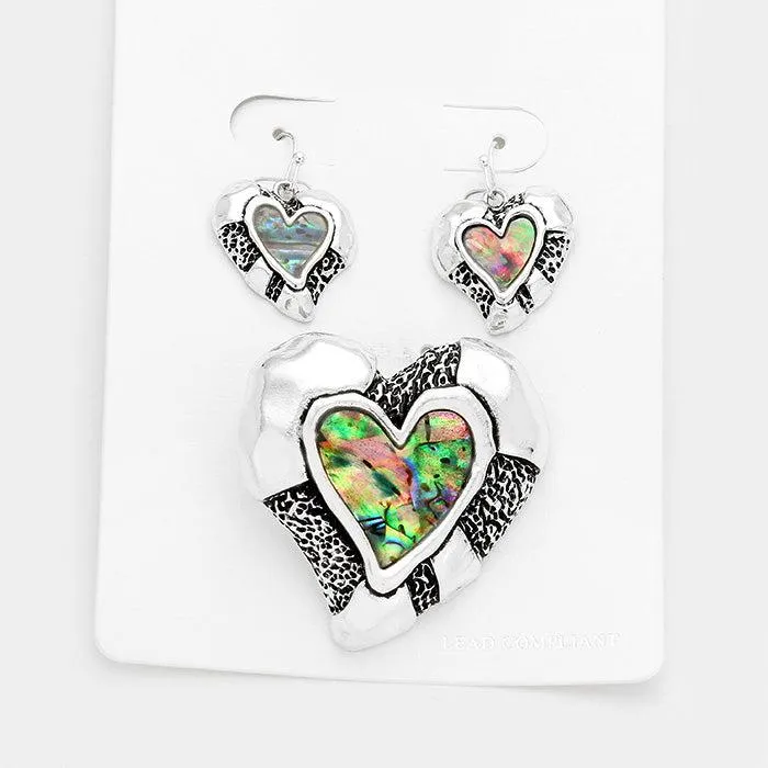 Abalone Heart Silver Magnetic Pendant Set