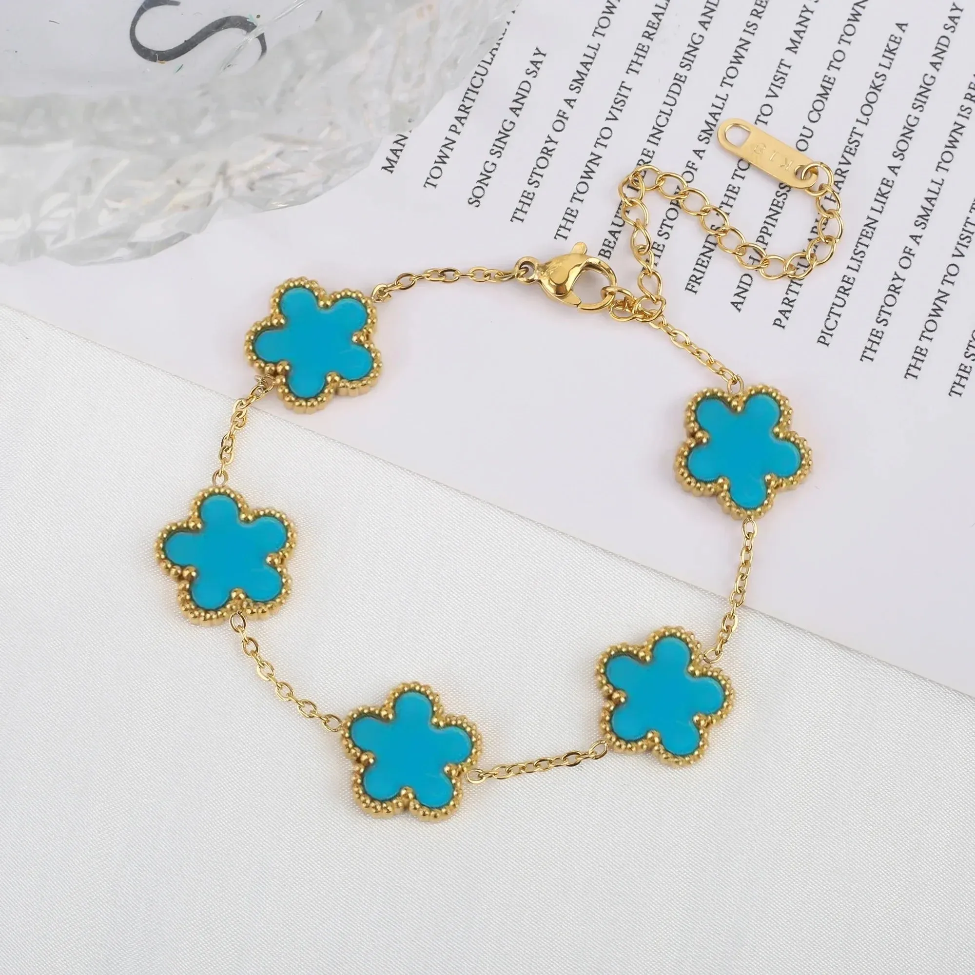 Adjustable New Design Gold Plated Stainless Steel 316L Plant Flower Bracelet With Five Leaf Petals Women's Luxury Gifts Clover