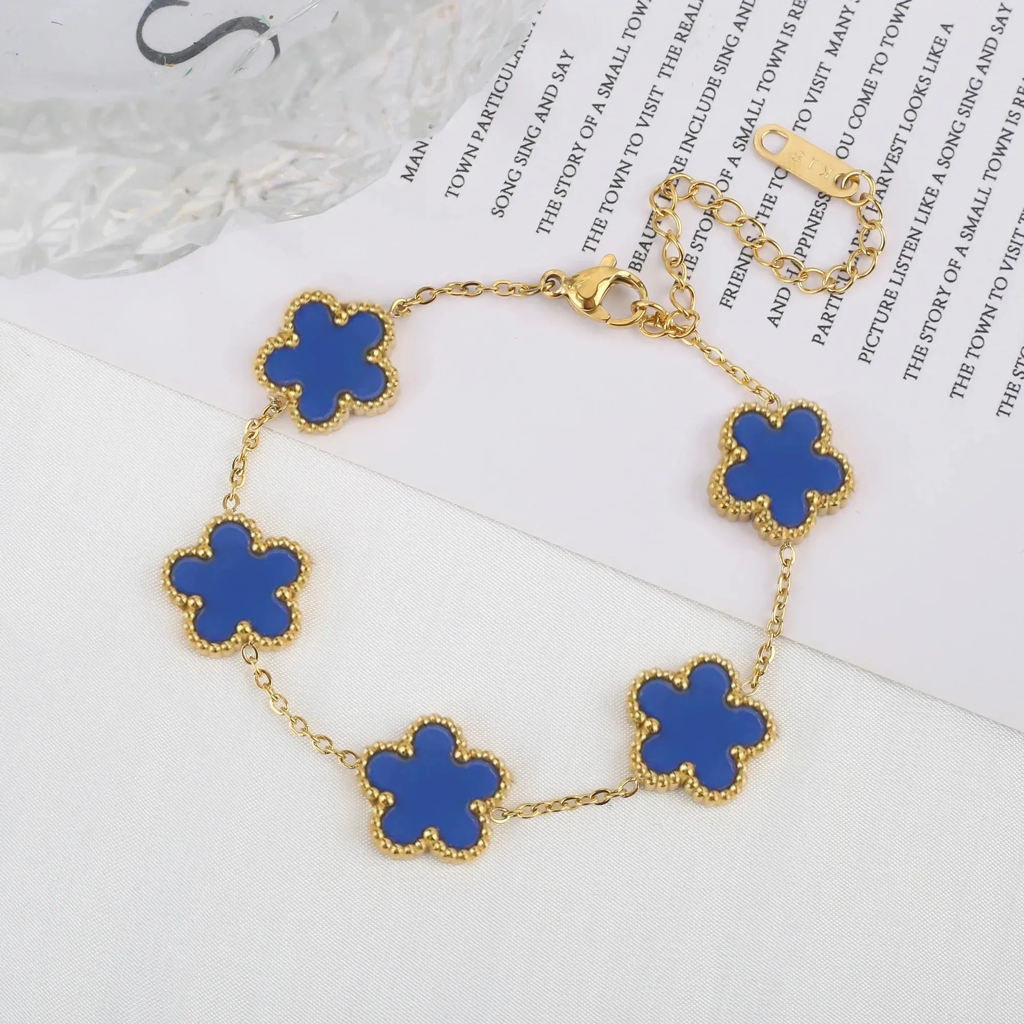 Adjustable New Design Gold Plated Stainless Steel 316L Plant Flower Bracelet With Five Leaf Petals Women's Luxury Gifts Clover