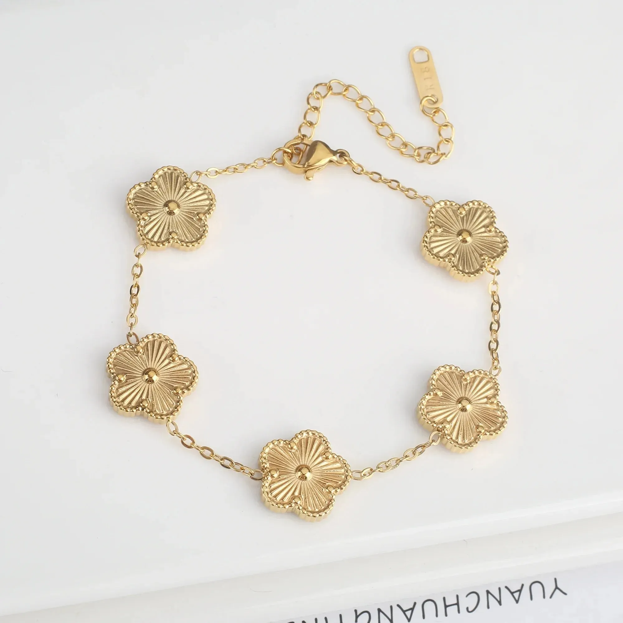 Adjustable New Design Gold Plated Stainless Steel 316L Plant Flower Bracelet With Five Leaf Petals Women's Luxury Gifts Clover