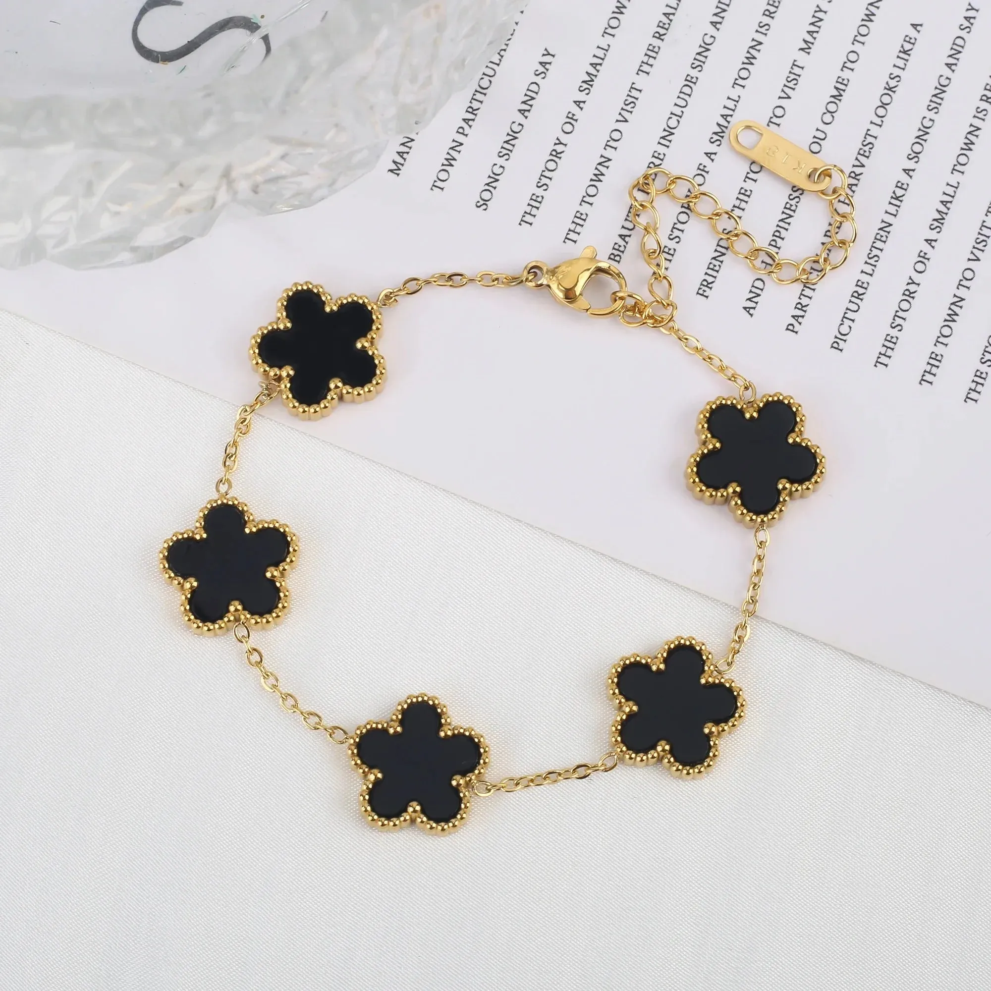 Adjustable New Design Gold Plated Stainless Steel 316L Plant Flower Bracelet With Five Leaf Petals Women's Luxury Gifts Clover