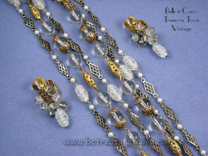 Alice Caviness Multi Strand Necklace Dangle Earrings Set Gold & Lucite Beads Vintage Designer