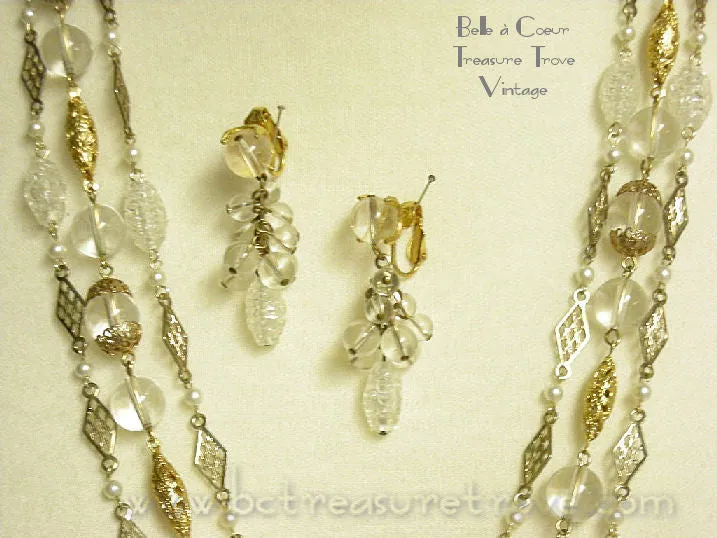 Alice Caviness Multi Strand Necklace Dangle Earrings Set Gold & Lucite Beads Vintage Designer