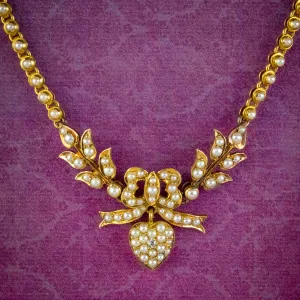 Antique Edwardian Pearl Diamond Heart Swag Necklace 18ct Gold Circa 1905