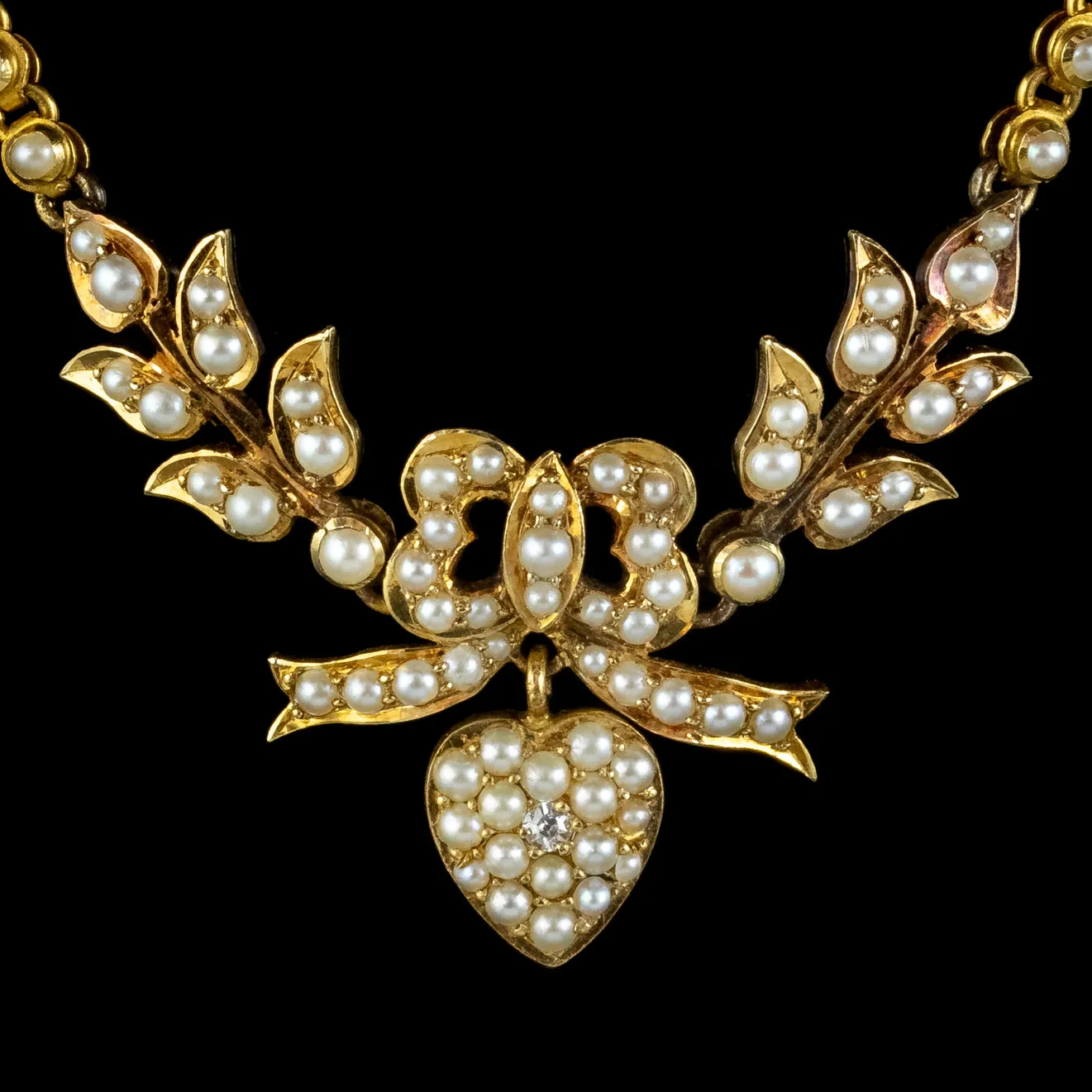 Antique Edwardian Pearl Diamond Heart Swag Necklace 18ct Gold Circa 1905
