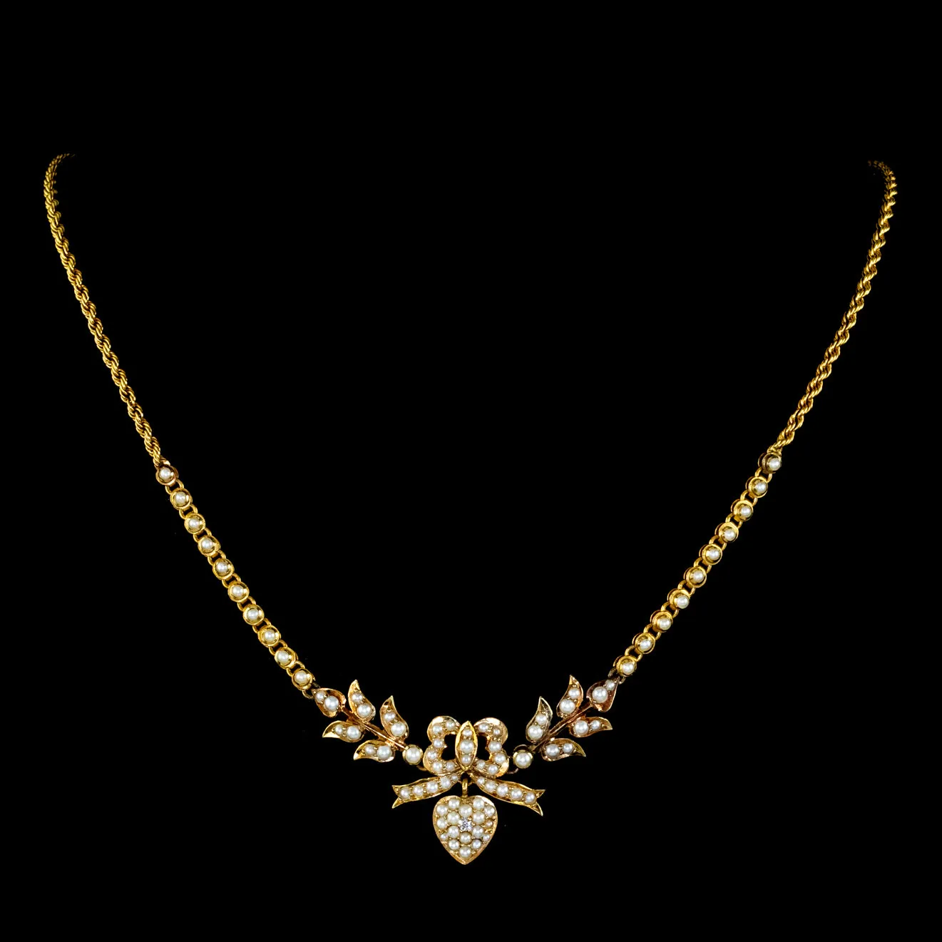 Antique Edwardian Pearl Diamond Heart Swag Necklace 18ct Gold Circa 1905
