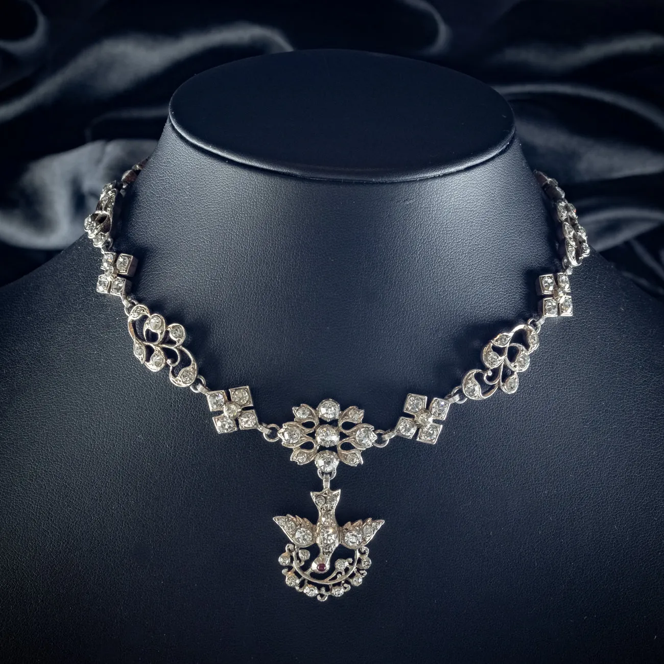 Antique Georgian French Paste Saint Esprit Necklace Silver Black Ribbon
