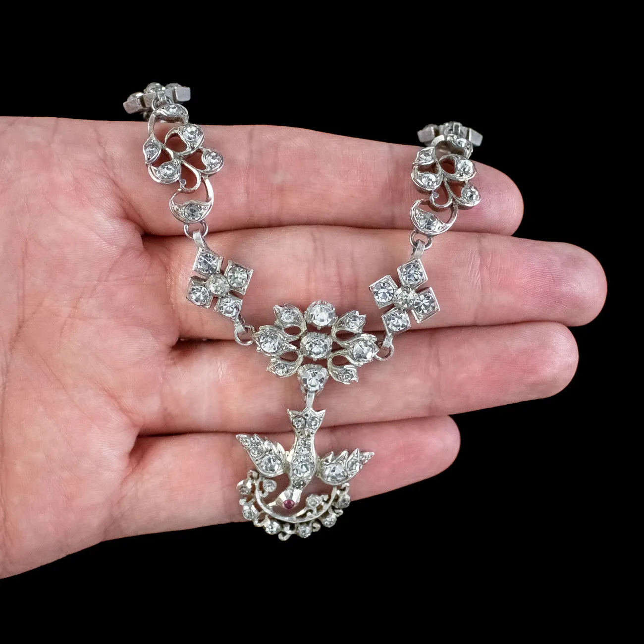 Antique Georgian French Paste Saint Esprit Necklace Silver Black Ribbon