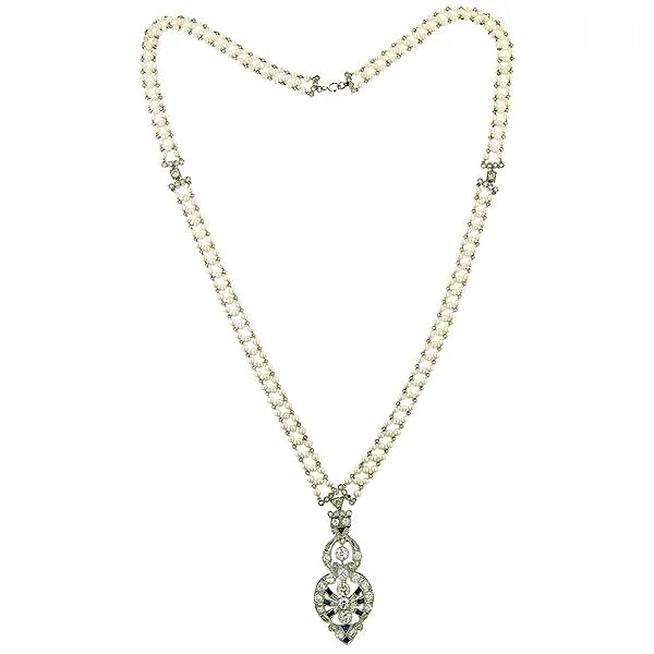 Art Deco Diamond Sapphire* & Pearl Sautoir Necklace