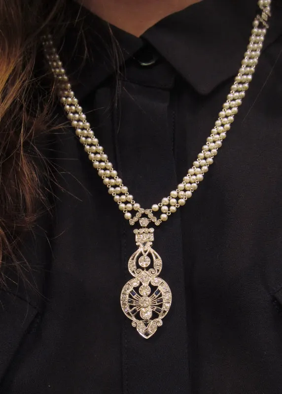 Art Deco Diamond Sapphire* & Pearl Sautoir Necklace