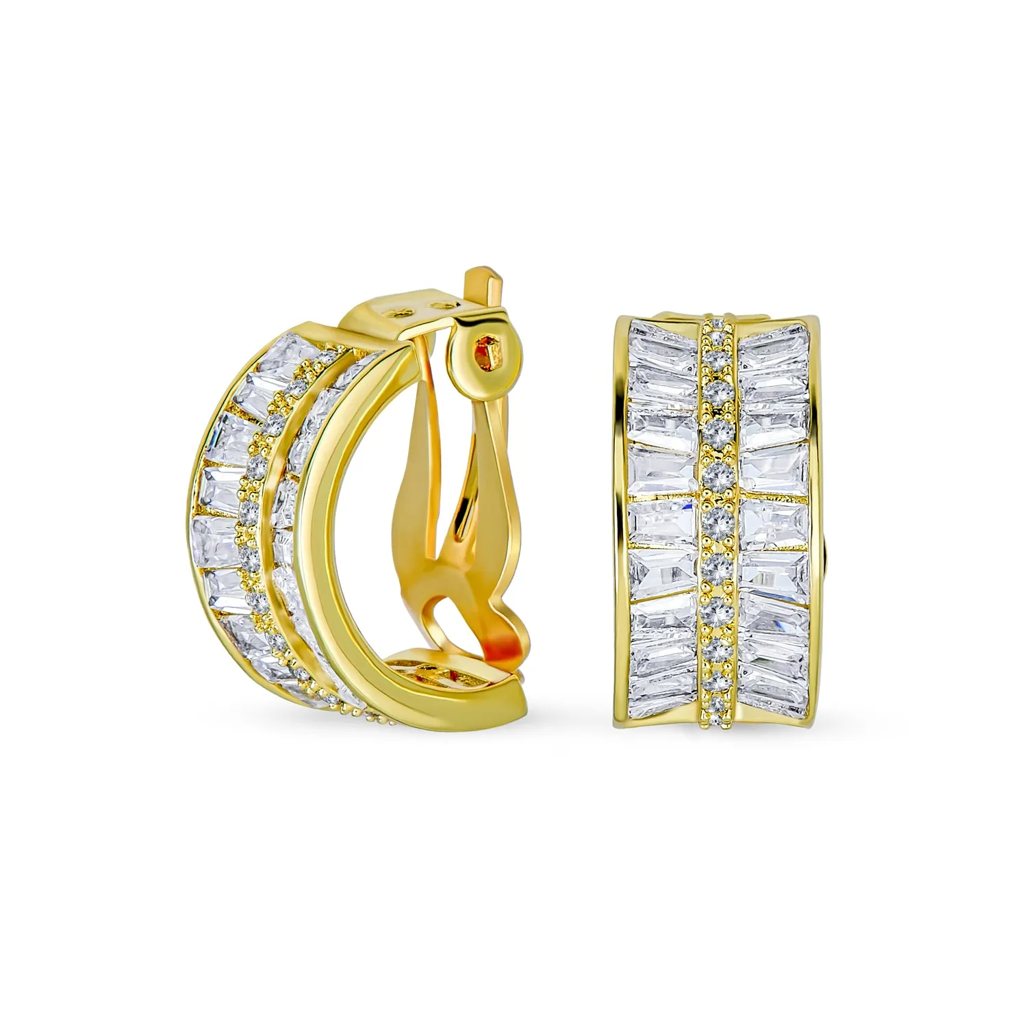 Art Deco Style Statement CZ Half Hoop Baguette Earrings Clip On Gold Plated