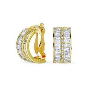Art Deco Style Statement CZ Half Hoop Baguette Earrings Clip On Gold Plated