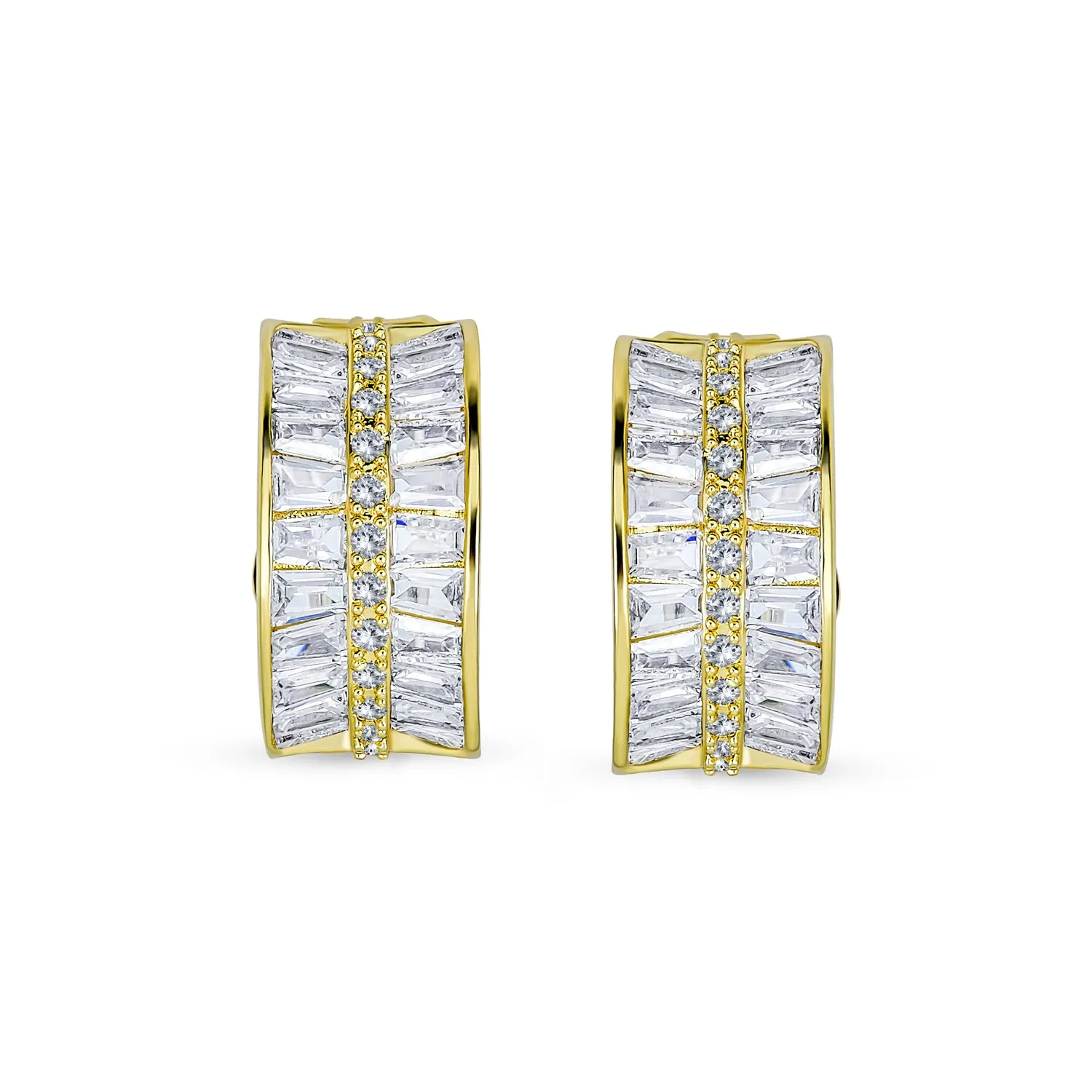 Art Deco Style Statement CZ Half Hoop Baguette Earrings Clip On Gold Plated