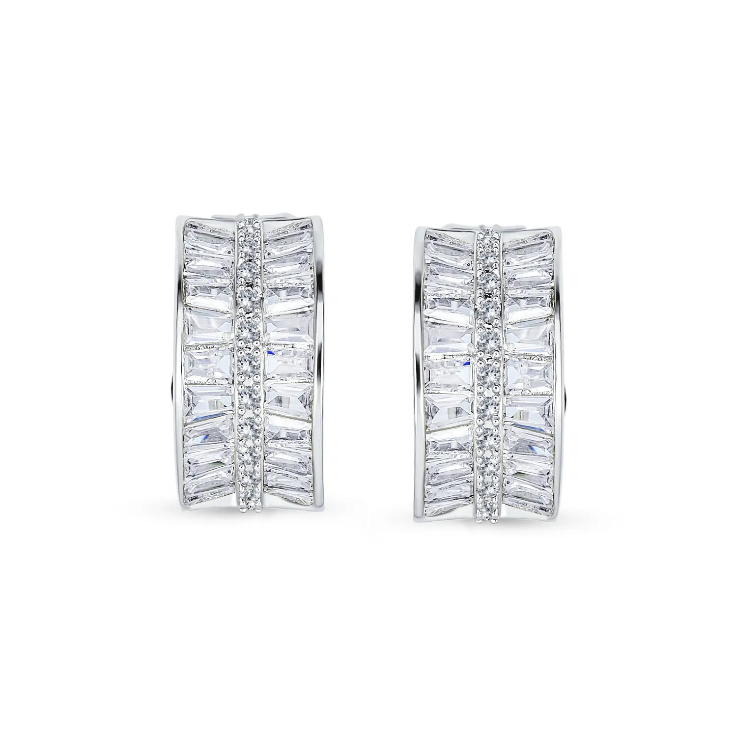 Art Deco Style Statement CZ Half Hoop Baguette Earrings Clip On Gold Plated