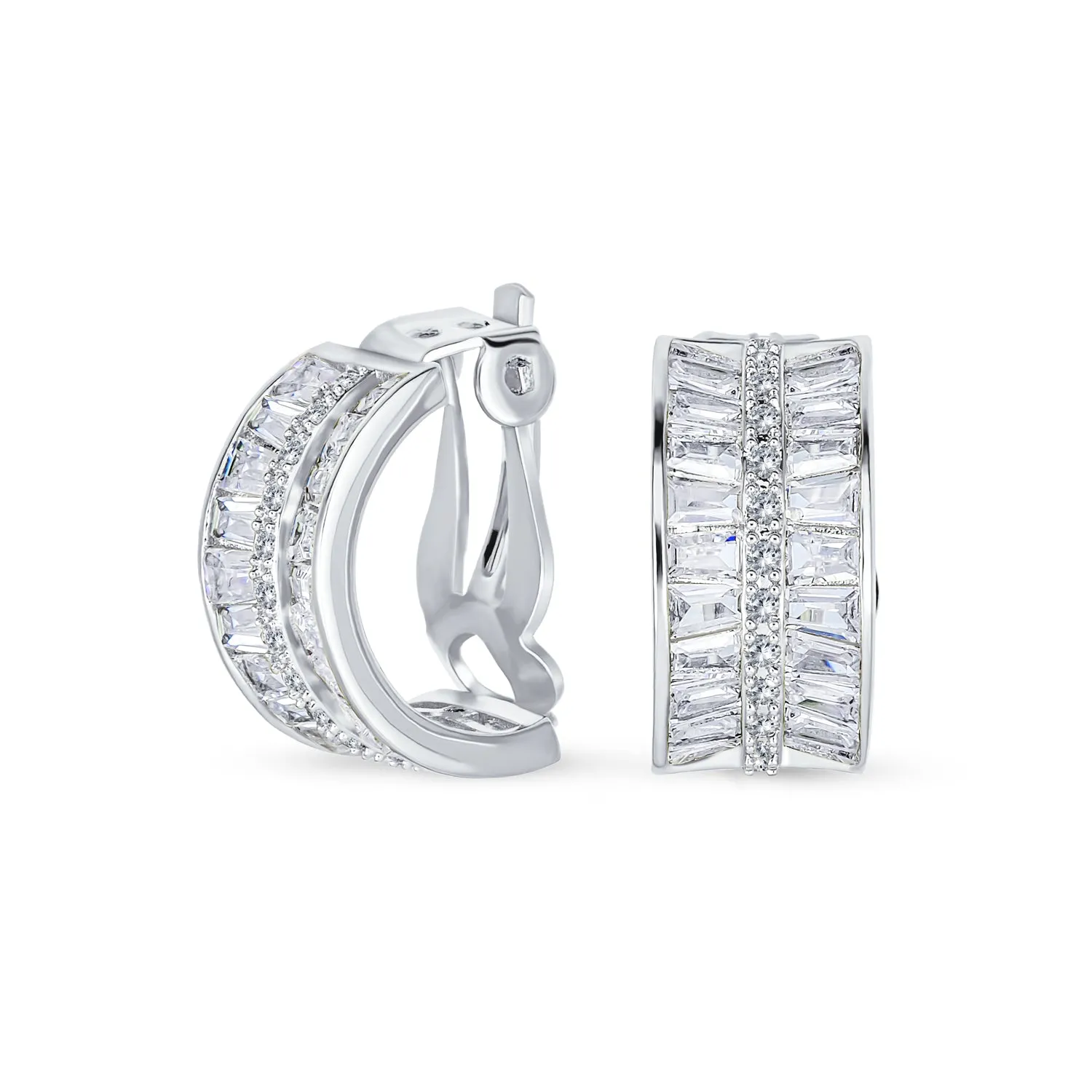 Art Deco Style Statement CZ Half Hoop Baguette Earrings Clip On Gold Plated