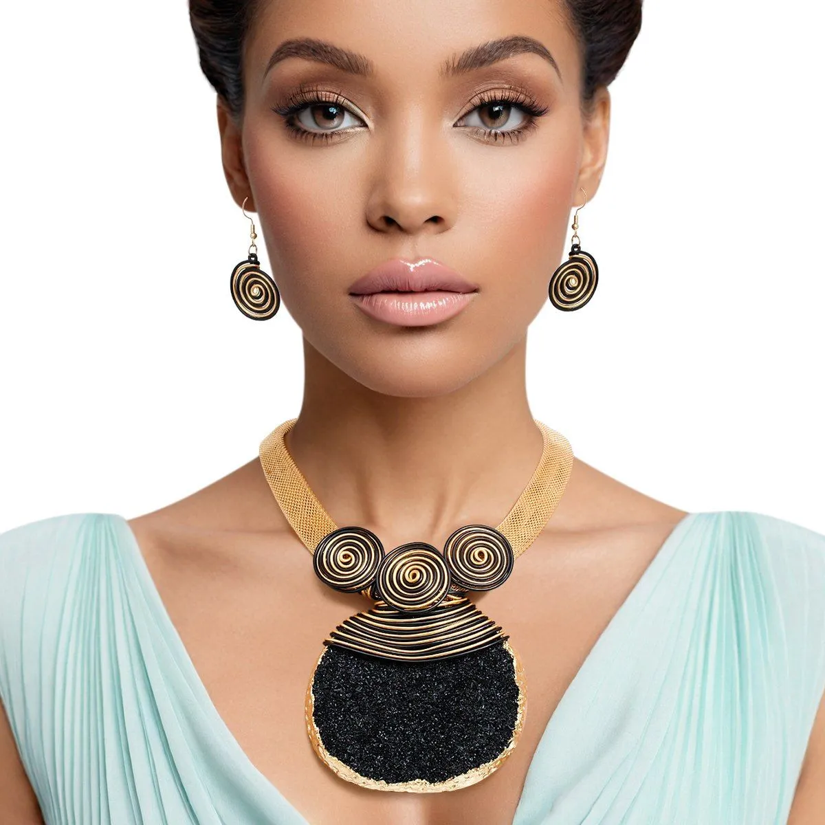 Artistic Black Druzy Pendant Necklace Set with Gold Mesh Chain