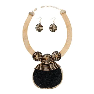 Artistic Black Druzy Pendant Necklace Set with Gold Mesh Chain
