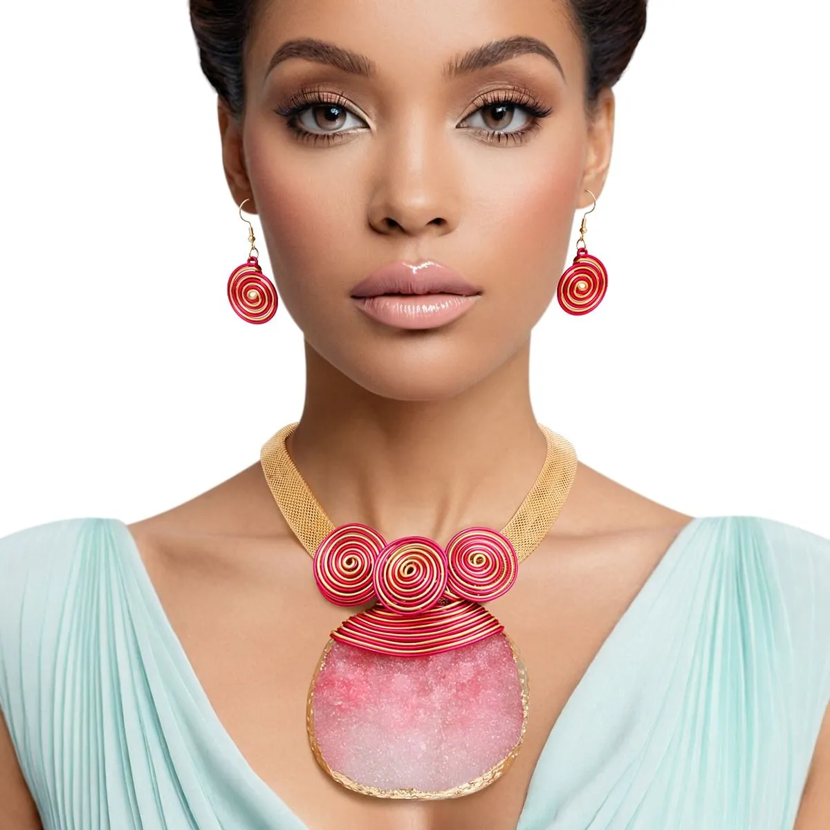Artistic Pink Druzy Pendant Necklace Set with Gold Mesh Chain