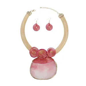 Artistic Pink Druzy Pendant Necklace Set with Gold Mesh Chain