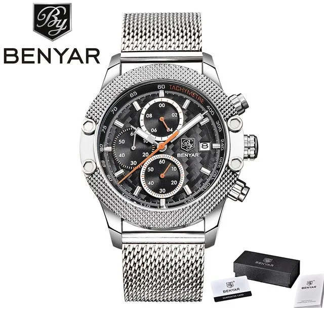 Benyar Men's Watches Black Men Quartz Watch Top Brand Luxury Waterproof Date Man Steel Sport Wrist Watch Men Clock Gold Saat