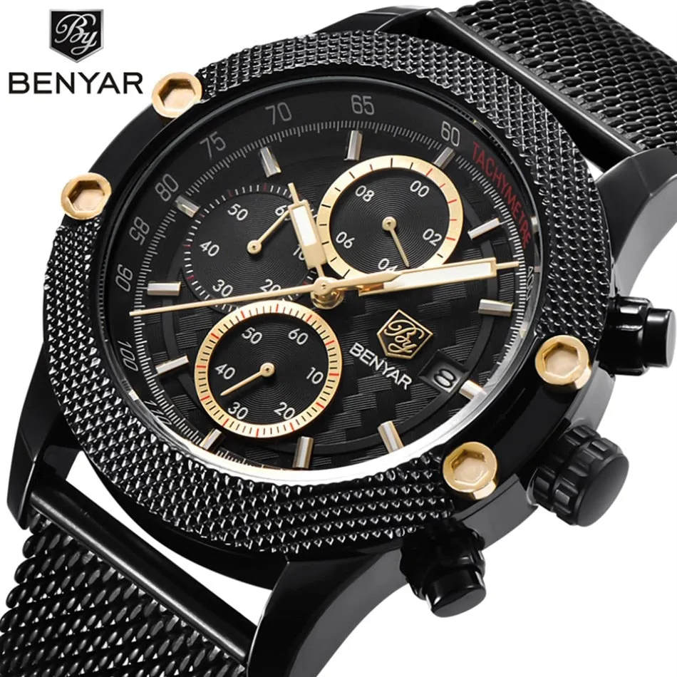 Benyar Men's Watches Black Men Quartz Watch Top Brand Luxury Waterproof Date Man Steel Sport Wrist Watch Men Clock Gold Saat