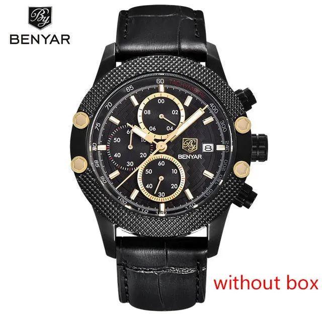 Benyar Men's Watches Black Men Quartz Watch Top Brand Luxury Waterproof Date Man Steel Sport Wrist Watch Men Clock Gold Saat
