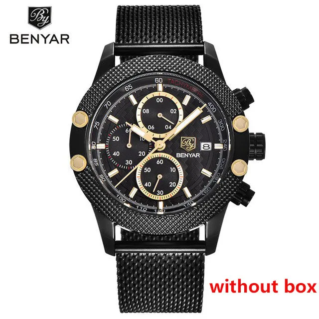 Benyar Men's Watches Black Men Quartz Watch Top Brand Luxury Waterproof Date Man Steel Sport Wrist Watch Men Clock Gold Saat