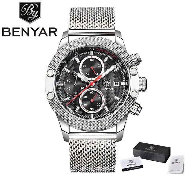 Benyar Men's Watches Black Men Quartz Watch Top Brand Luxury Waterproof Date Man Steel Sport Wrist Watch Men Clock Gold Saat