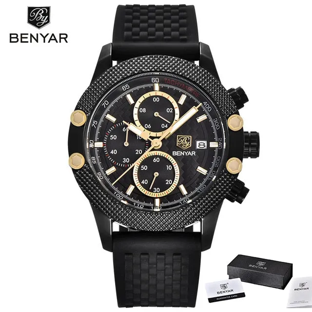 Benyar Men's Watches Black Men Quartz Watch Top Brand Luxury Waterproof Date Man Steel Sport Wrist Watch Men Clock Gold Saat