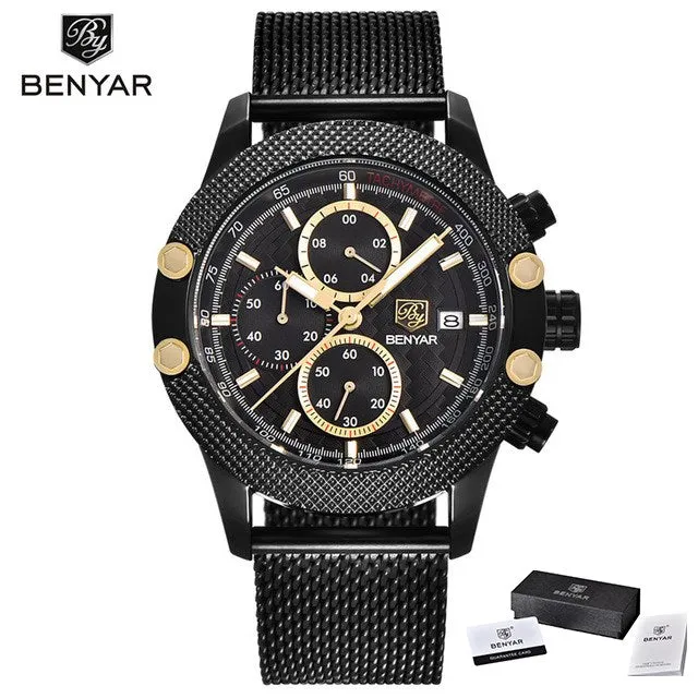 Benyar Men's Watches Black Men Quartz Watch Top Brand Luxury Waterproof Date Man Steel Sport Wrist Watch Men Clock Gold Saat