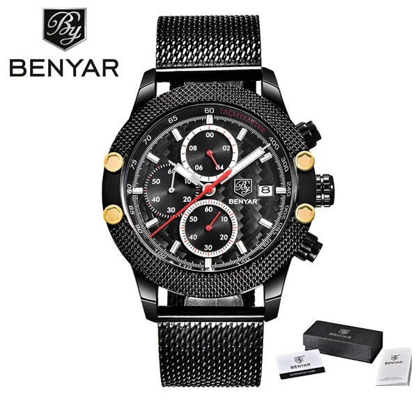 Benyar Men's Watches Black Men Quartz Watch Top Brand Luxury Waterproof Date Man Steel Sport Wrist Watch Men Clock Gold Saat