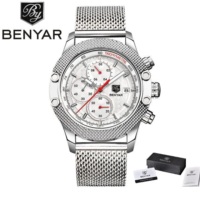Benyar Men's Watches Black Men Quartz Watch Top Brand Luxury Waterproof Date Man Steel Sport Wrist Watch Men Clock Gold Saat