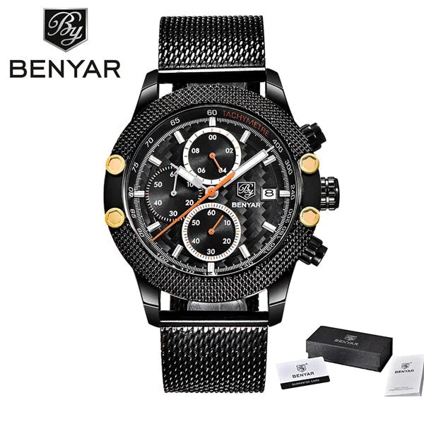 Benyar Men's Watches Black Men Quartz Watch Top Brand Luxury Waterproof Date Man Steel Sport Wrist Watch Men Clock Gold Saat
