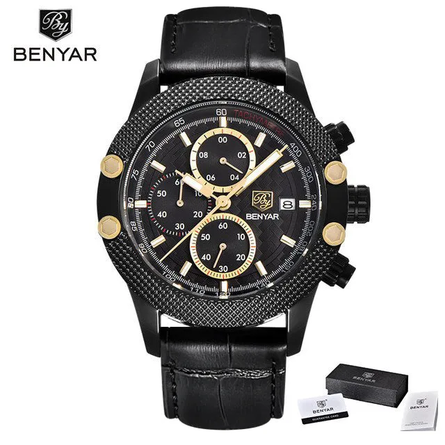 Benyar Men's Watches Black Men Quartz Watch Top Brand Luxury Waterproof Date Man Steel Sport Wrist Watch Men Clock Gold Saat