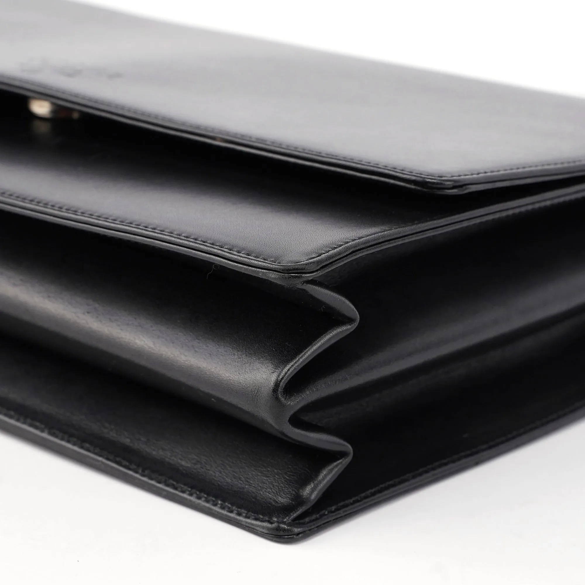 Black Calfskin Flap Top Handle Bag