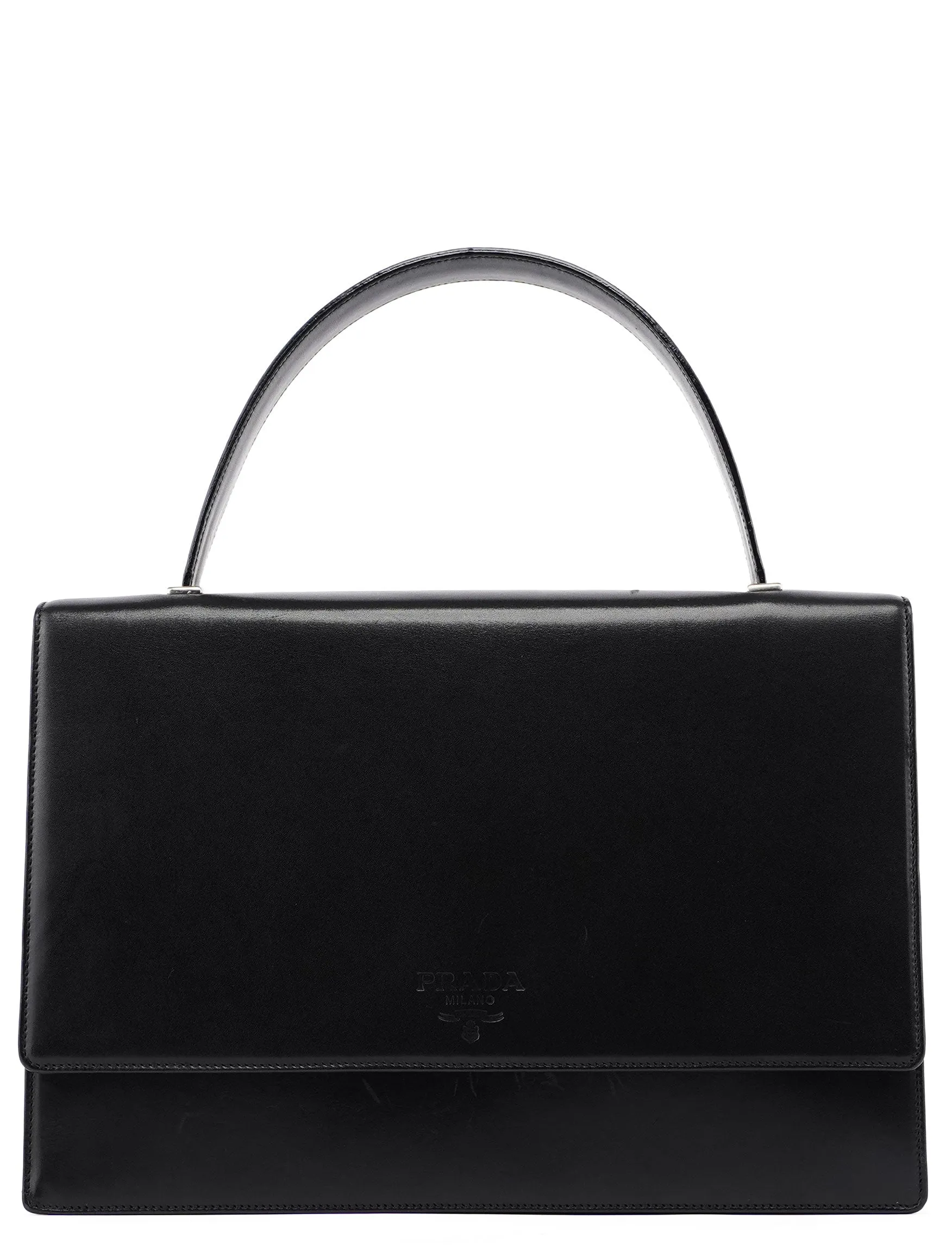 Black Calfskin Flap Top Handle Bag