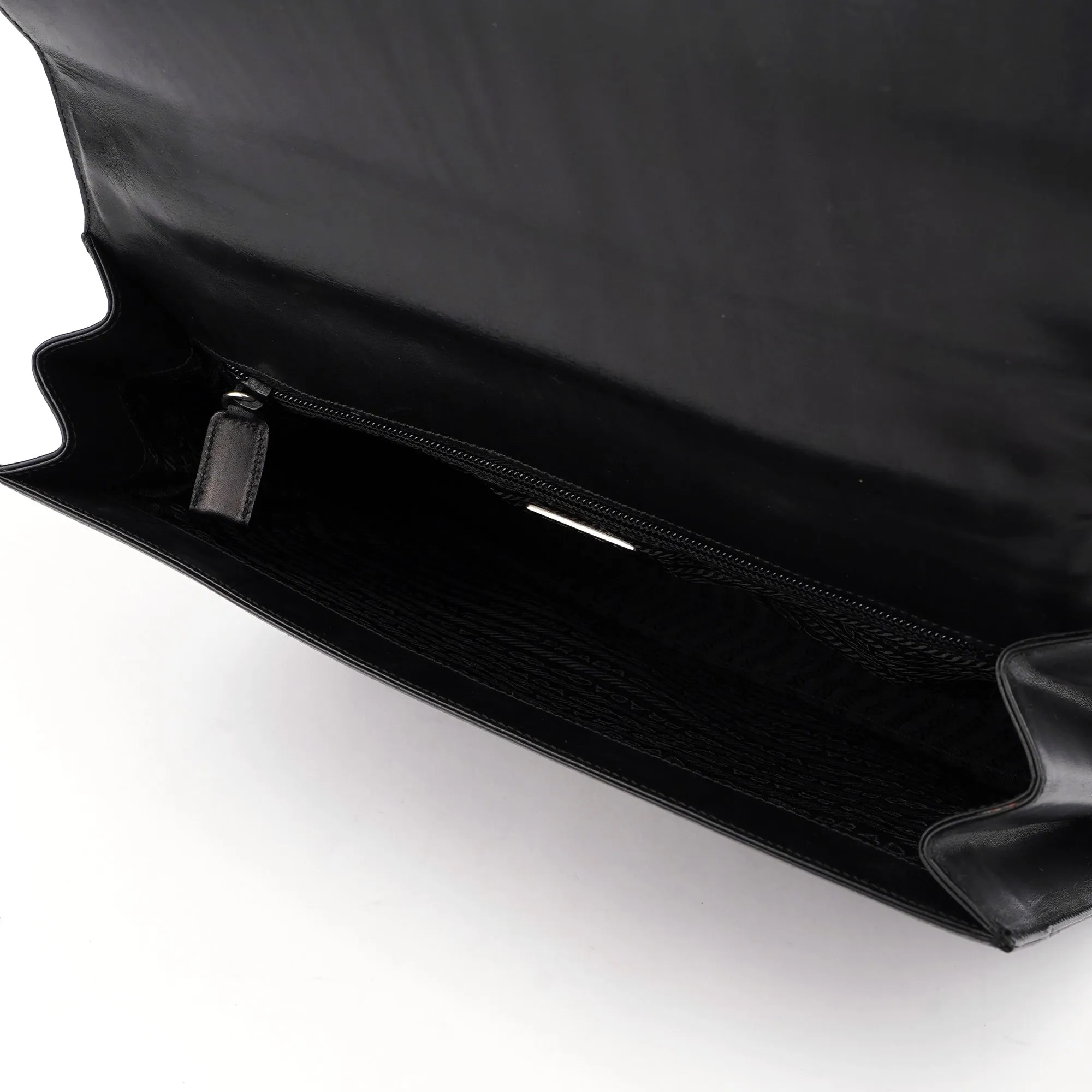 Black Calfskin Flap Top Handle Bag