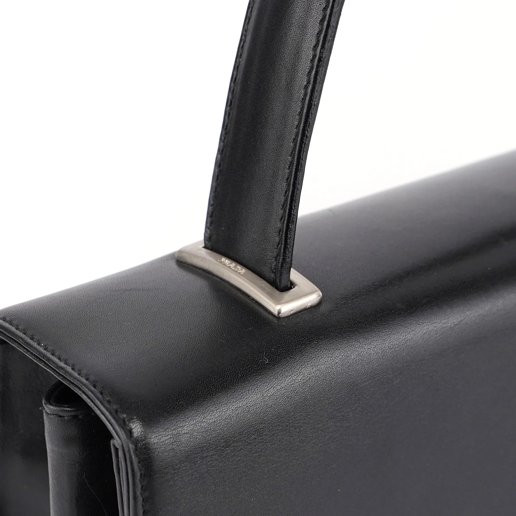 Black Calfskin Flap Top Handle Bag