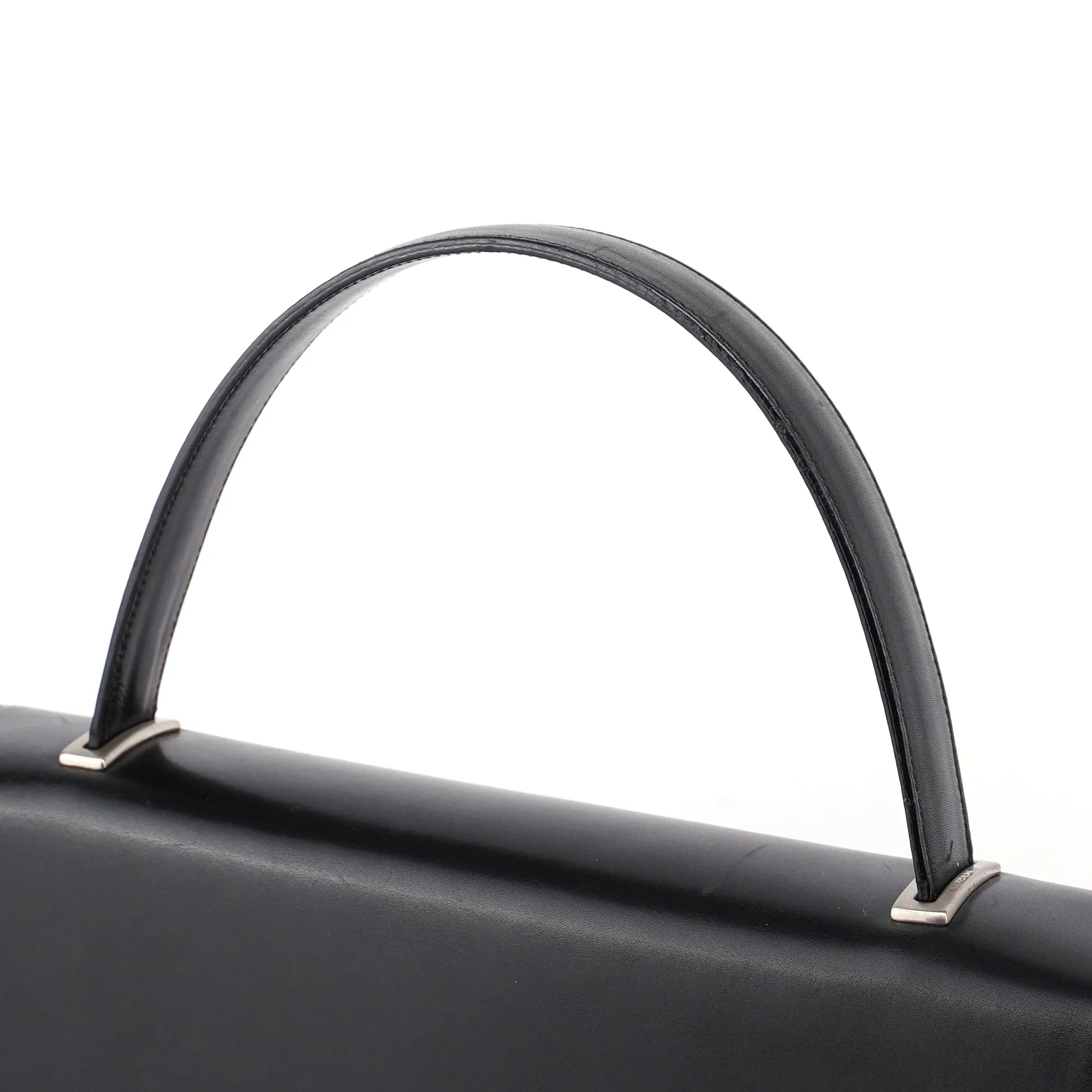 Black Calfskin Flap Top Handle Bag