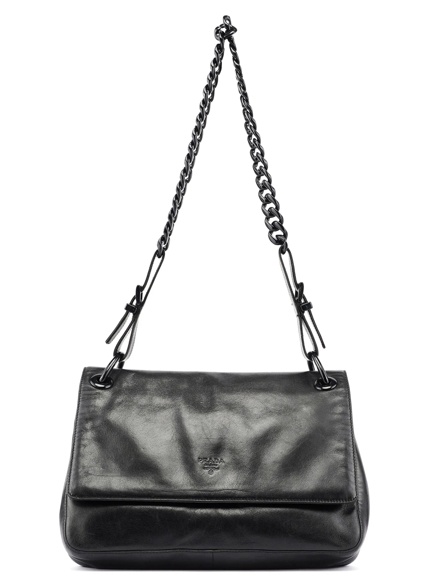 Black Calfskin Plastic Chain Shoulder Bag