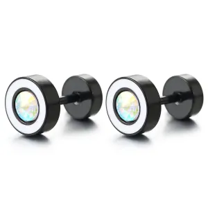 Black Circle Stud Earrings Spiked Rainbow CZ and White Enamel, Steel Cheater Fake Plugs Gauges