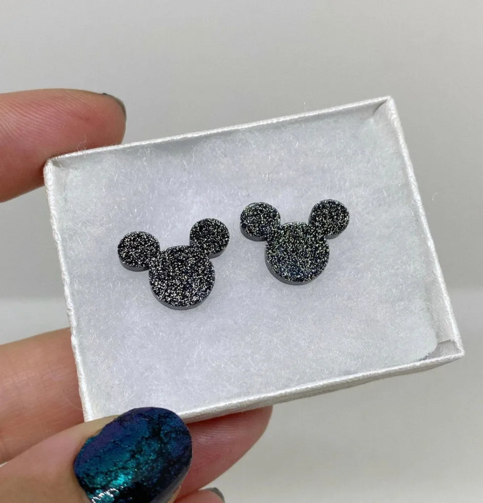 Black Glitter Mouse Earrings