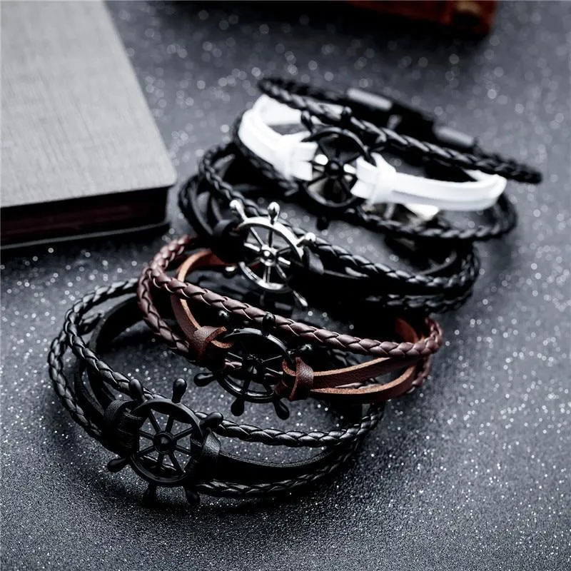 Black Leather Charm Bracelets Elegant For Men Couple Hope Rudder Bracelets Bangles For Men Women Femme Homme Fashion Jewelry Gift