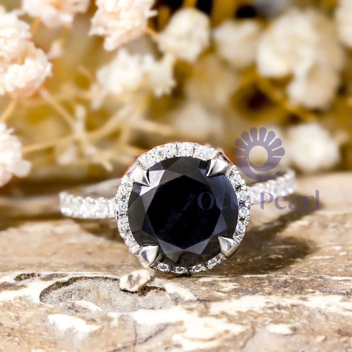 Black Round CZ Stone Halo Anniversary Gift Ring For Women
