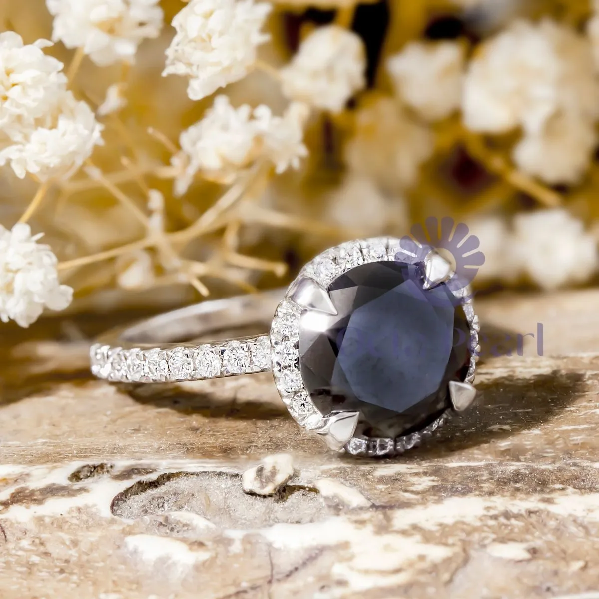 Black Round CZ Stone Halo Anniversary Gift Ring For Women