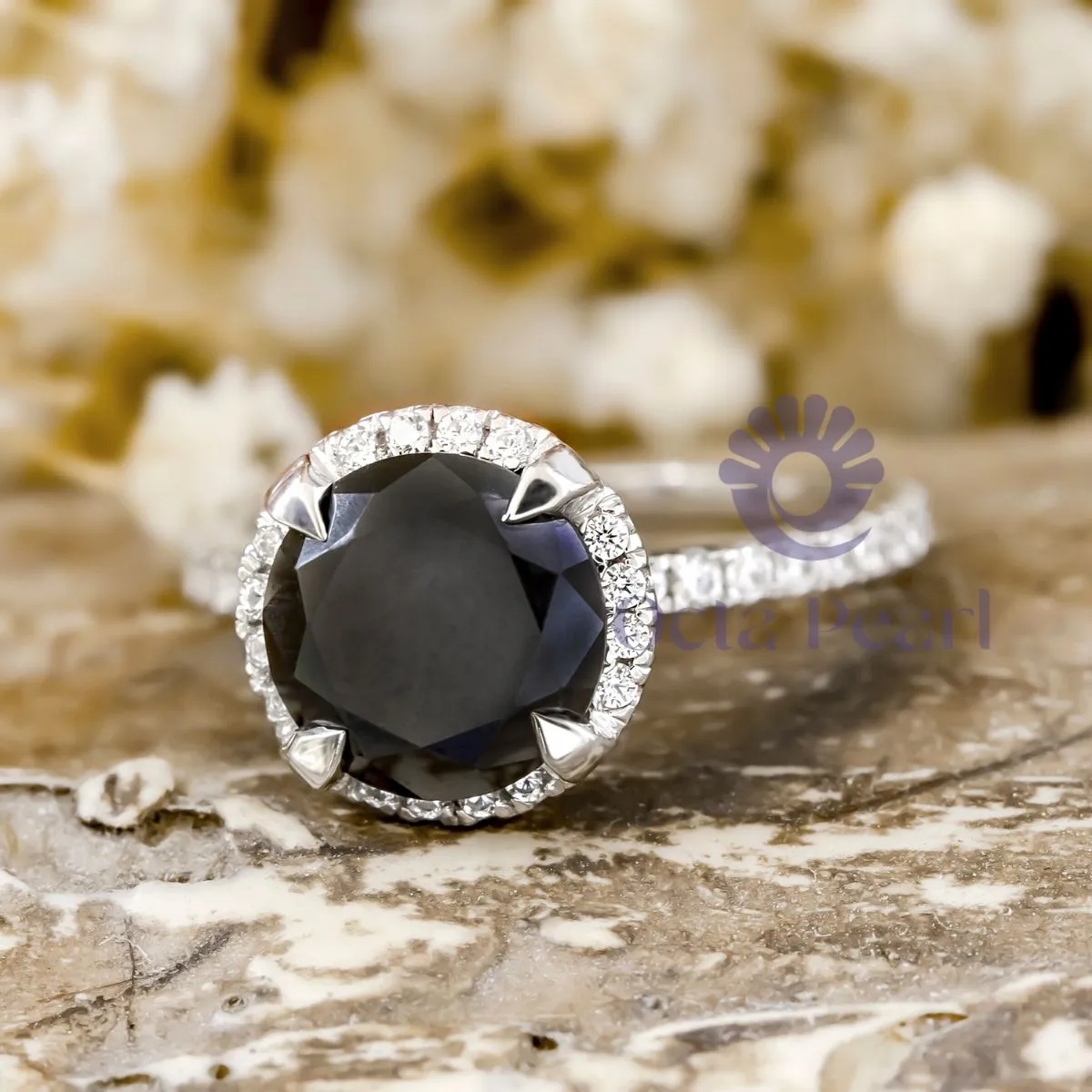 Black Round CZ Stone Halo Anniversary Gift Ring For Women