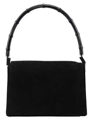 Black Suede Bamboo Flap Shoulder Bag