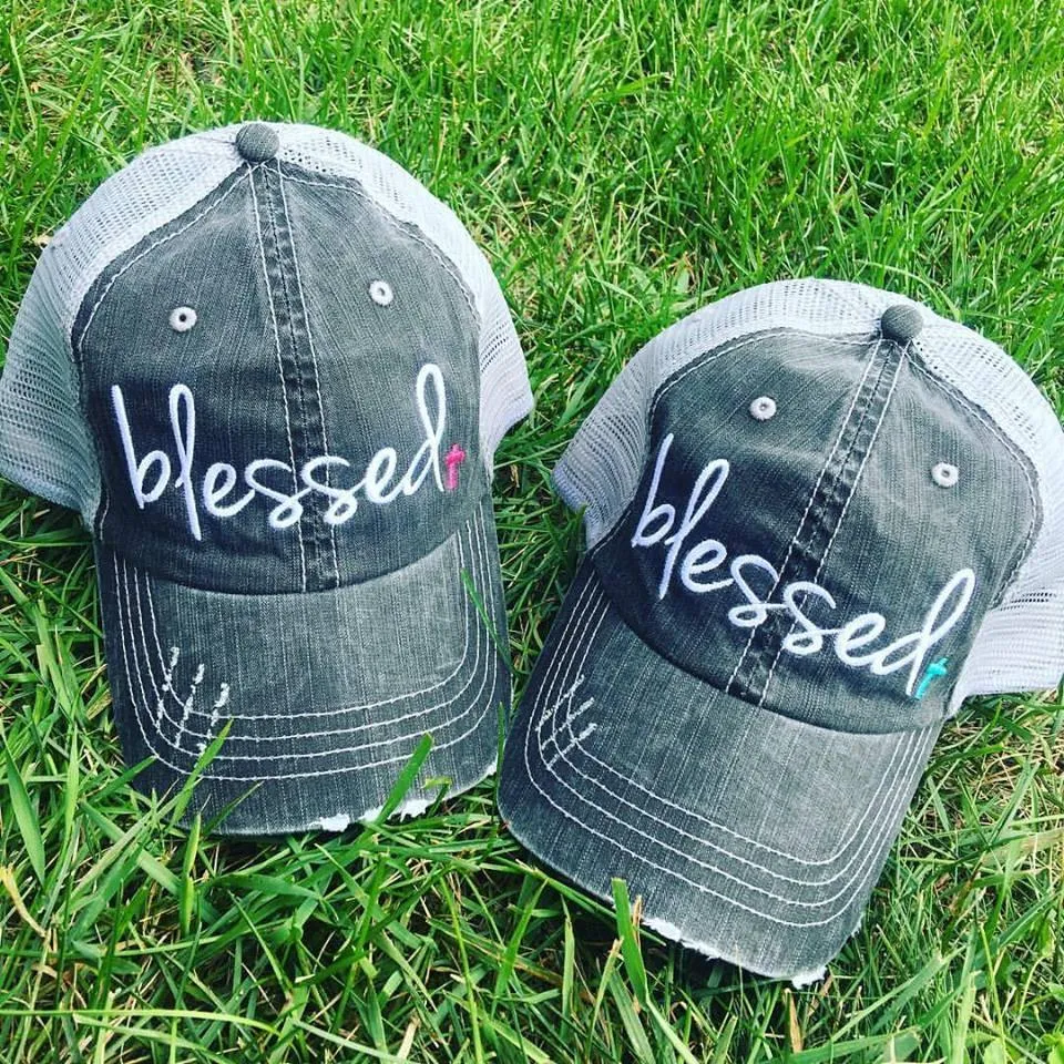 Blessed Hats •• Pink or teal cross • Embroidered, distressed, woman’s trucker cap
