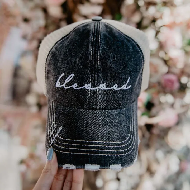 Blessed Hats Simply Blessed Pink or teal cross Gray distressed trucker cap with adjustable velkro Blessed hot mess
