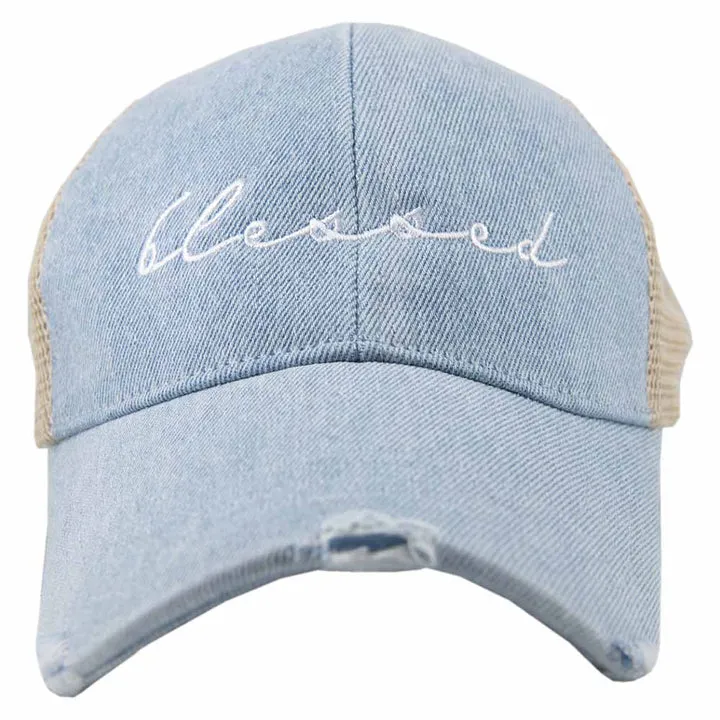 Blessed Hats Simply Blessed Pink or teal cross Gray distressed trucker cap with adjustable velkro Blessed hot mess
